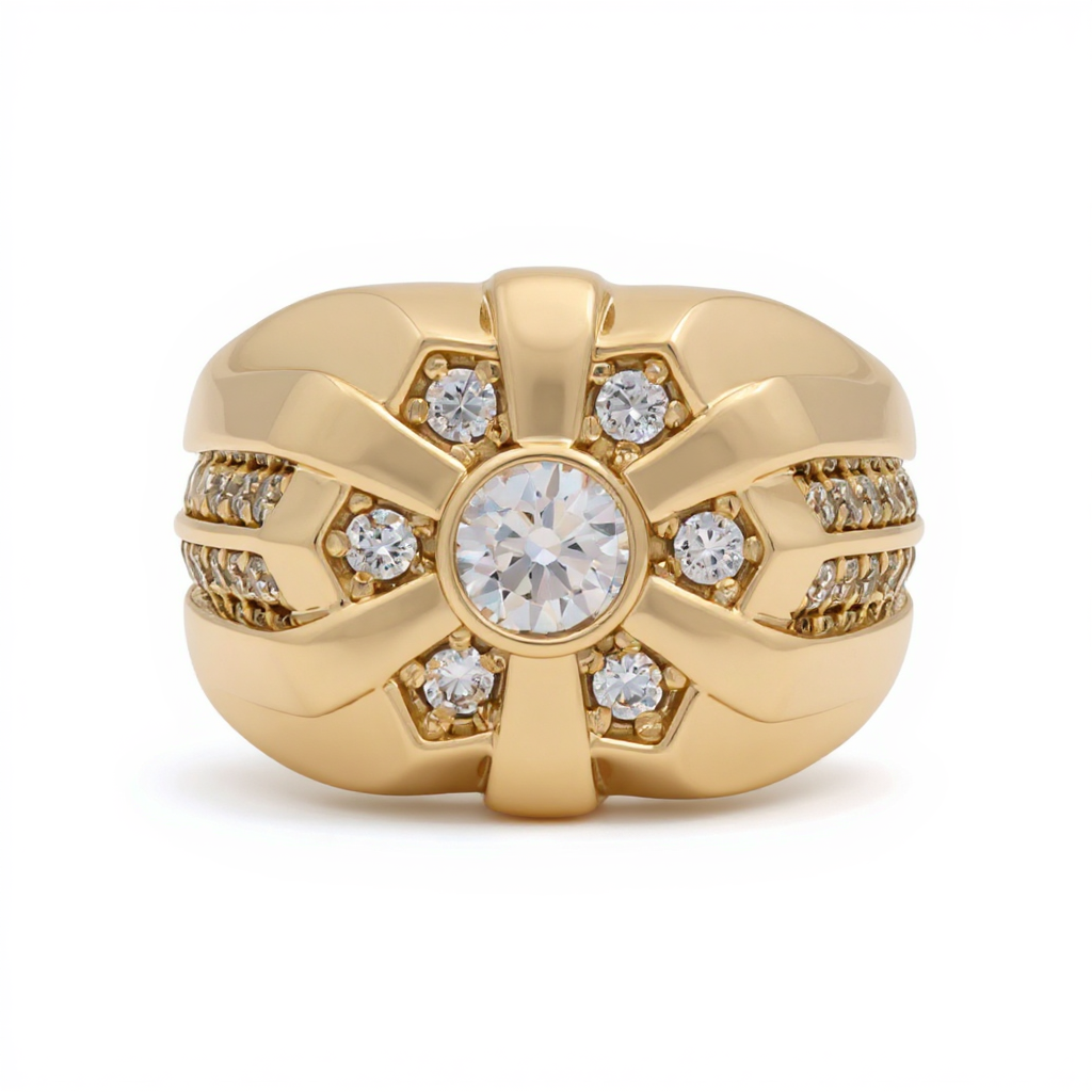 14K Yellow Gold Fashion Men’s Ring with White Stones / Size 11 / Weight: 8.3 GR / DOMR4FS-13