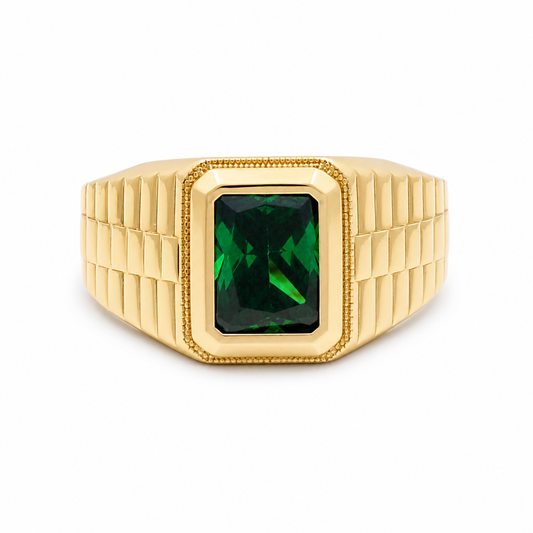 10K  Yellow Gold Fashion Men's Ring with Green Cz Stone / Size:11.5 / Weight: 4.8 GR / DQMR0FS-10