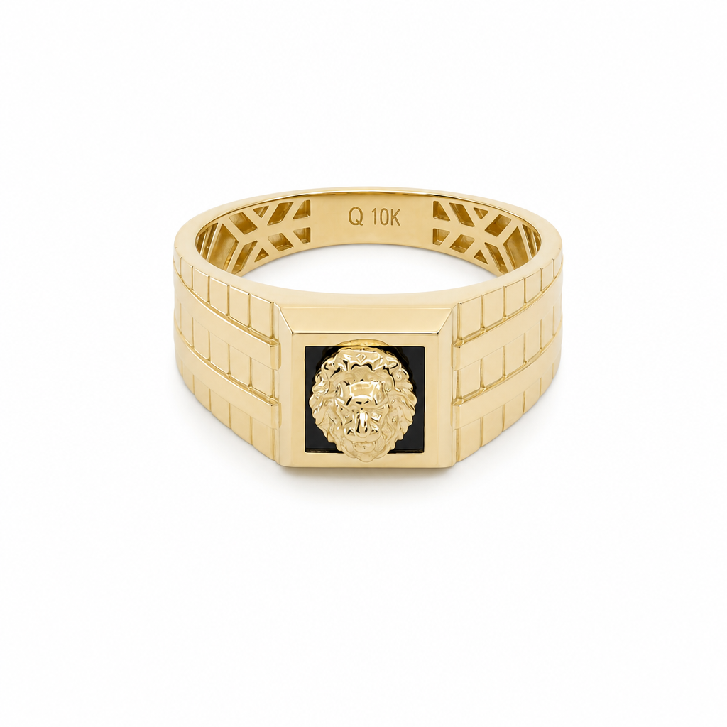 10K Yellow Gold Lion Men's Ring with Onyx Stone / Size: 10.5 / Weight: 4.6 GR / CQMR0LN-7