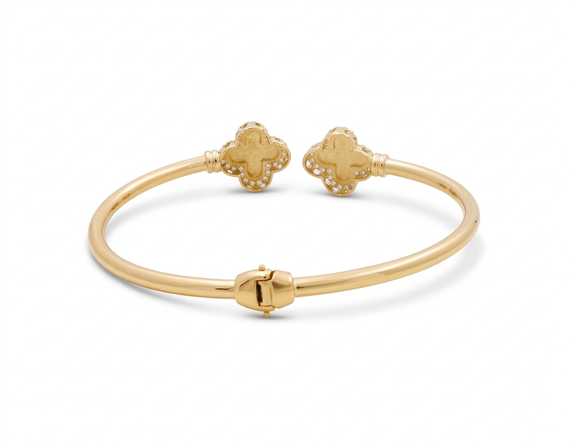 14K Yellow Gold SemiSolid Bangle Bracelet with Two Clovers and Cz / Size: 18 / Weight: 8.1 GR / CCFBB4CLV-1