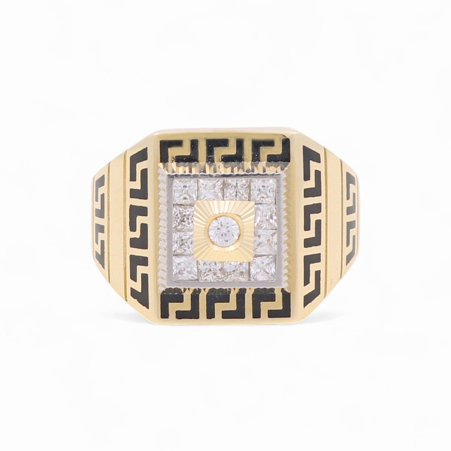 14k Two Square Men's Greek Ring with Black Enamel and Cz / Size 10.5 / Weight 8.8 GR / COMR4SQTTBEGRCZ