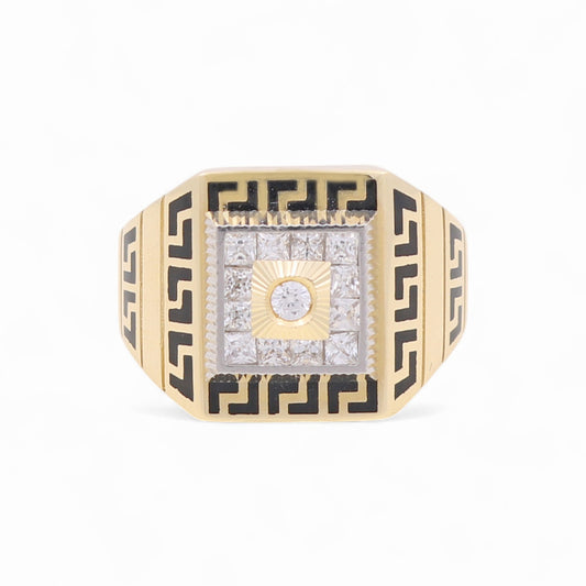 14k Two Square Men's Greek Ring with Black Enamel and Cz / Size 10.5 / Weight 8.8 GR / COMR4SQTTBEGRCZ