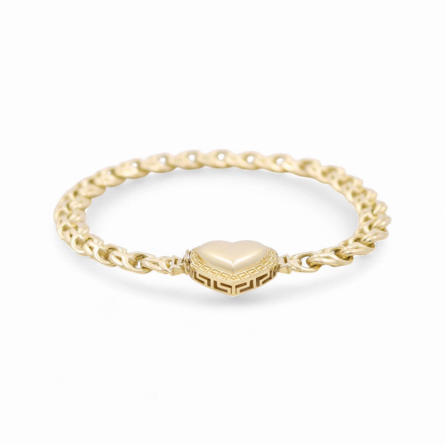 10K Yellow Gold Chinese Link Women's Bracelet with Heart and Greek / Size: 7.5” / Weight: 10.3 GR / DQWB0HRGR