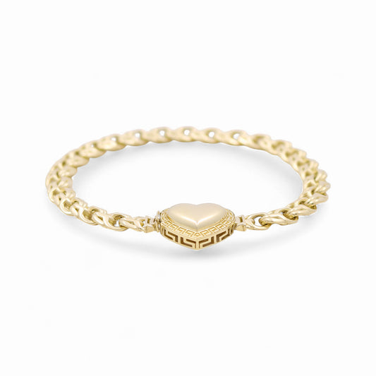 10K Yellow Gold Chinese Link Women's Bracelet with Heart and Greek / Size: 7.5” / Weight: 10.3 GR / DQWB0HRGR