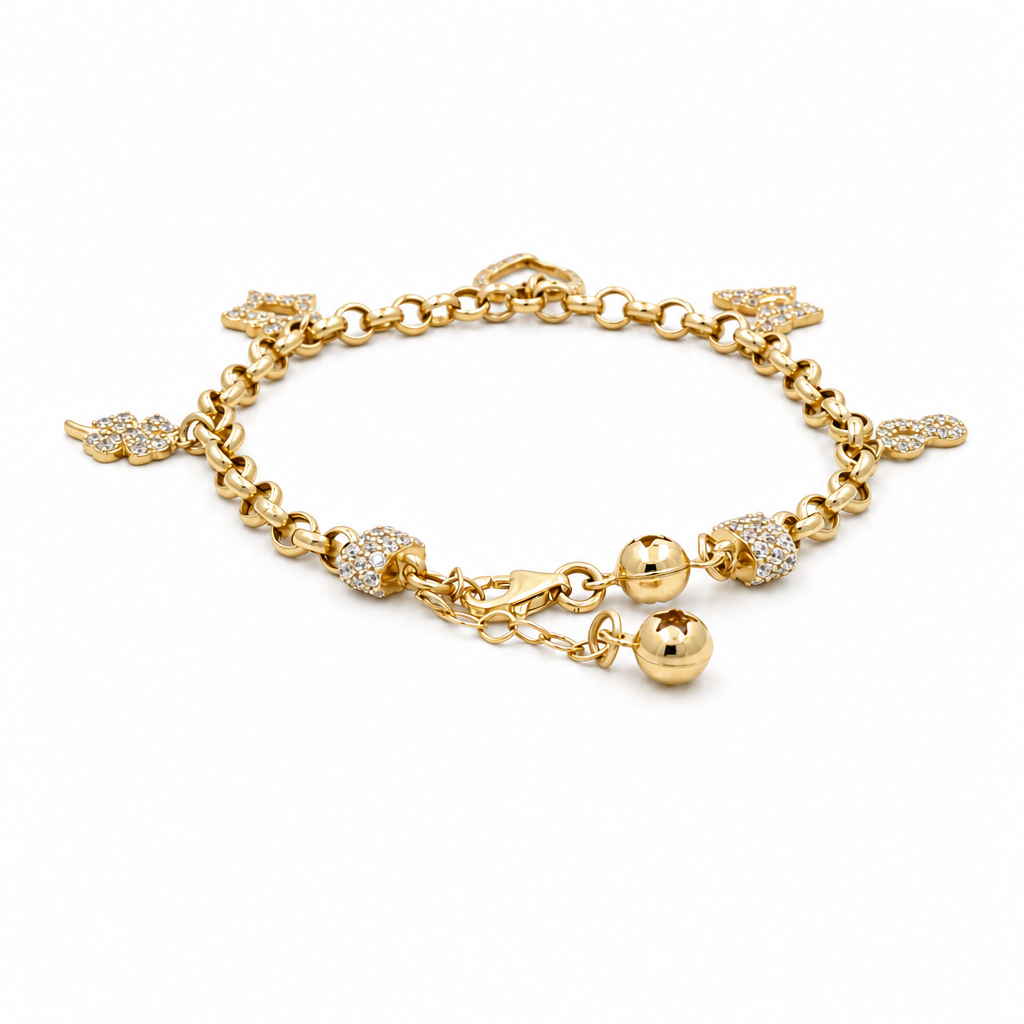 14k Yellow Gold Rolo Link Women's Bracelet with Charms and Cz / Size: 7.5" / Weight: 6.9 GR / CCFWB4FS-11