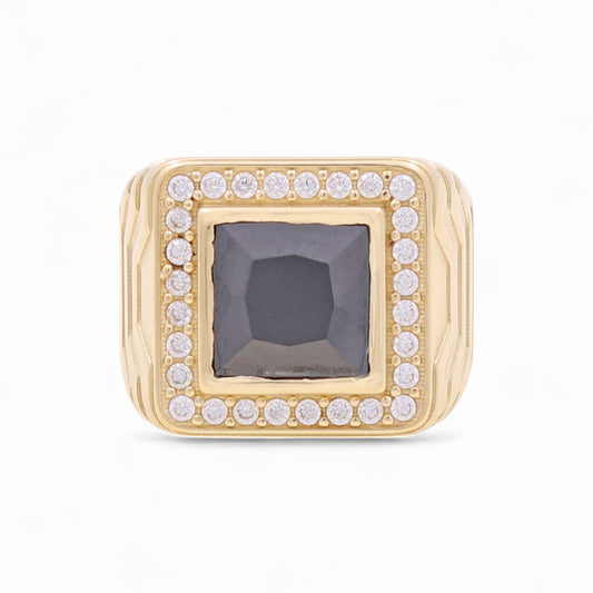14K Yellow Gold Fashion Square Men's Ring with Black Cz / Size 11 / Weight 11.8 GR / BOMR4FS-38