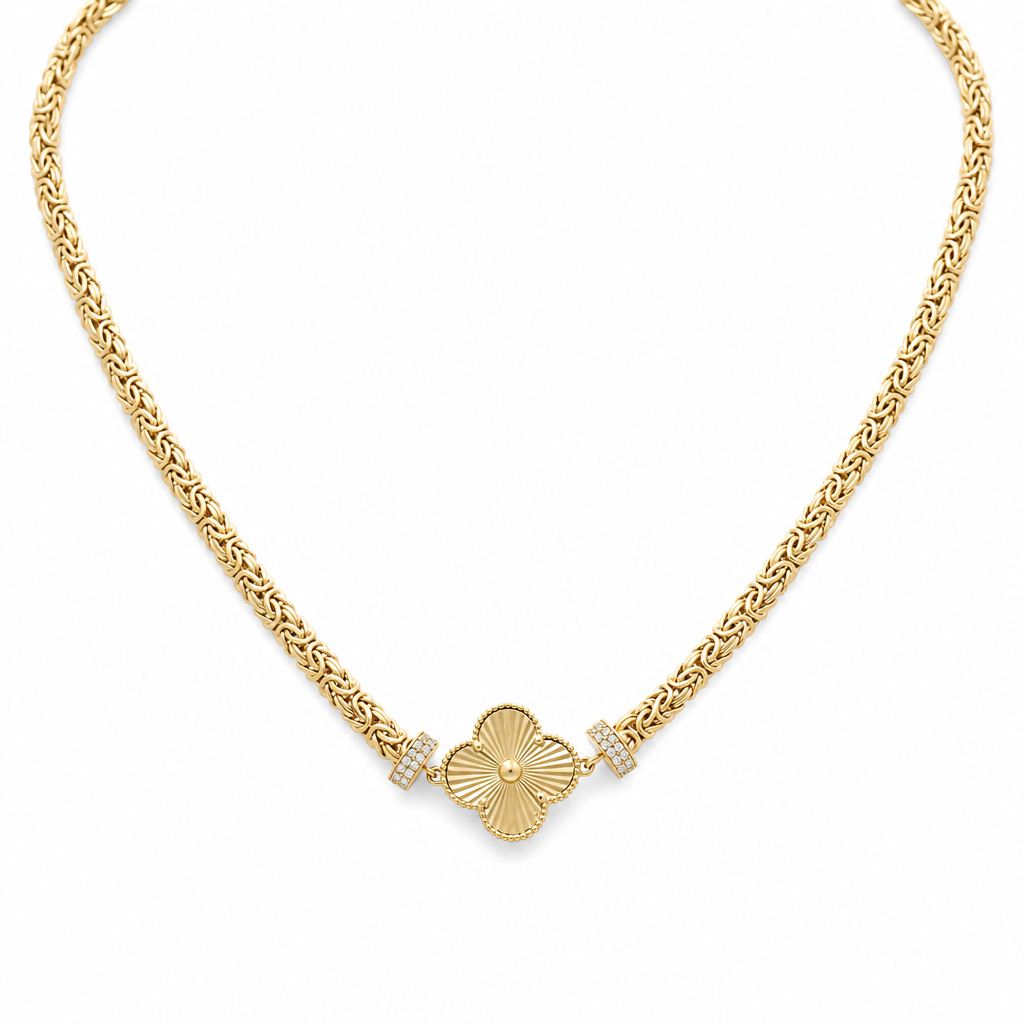 10K TF Yellow Gold Wome's Necklace with one Clover and Byzantine Link / Size: 17.5" / Weight: 11.9 GR/ DQNK0CLV-4