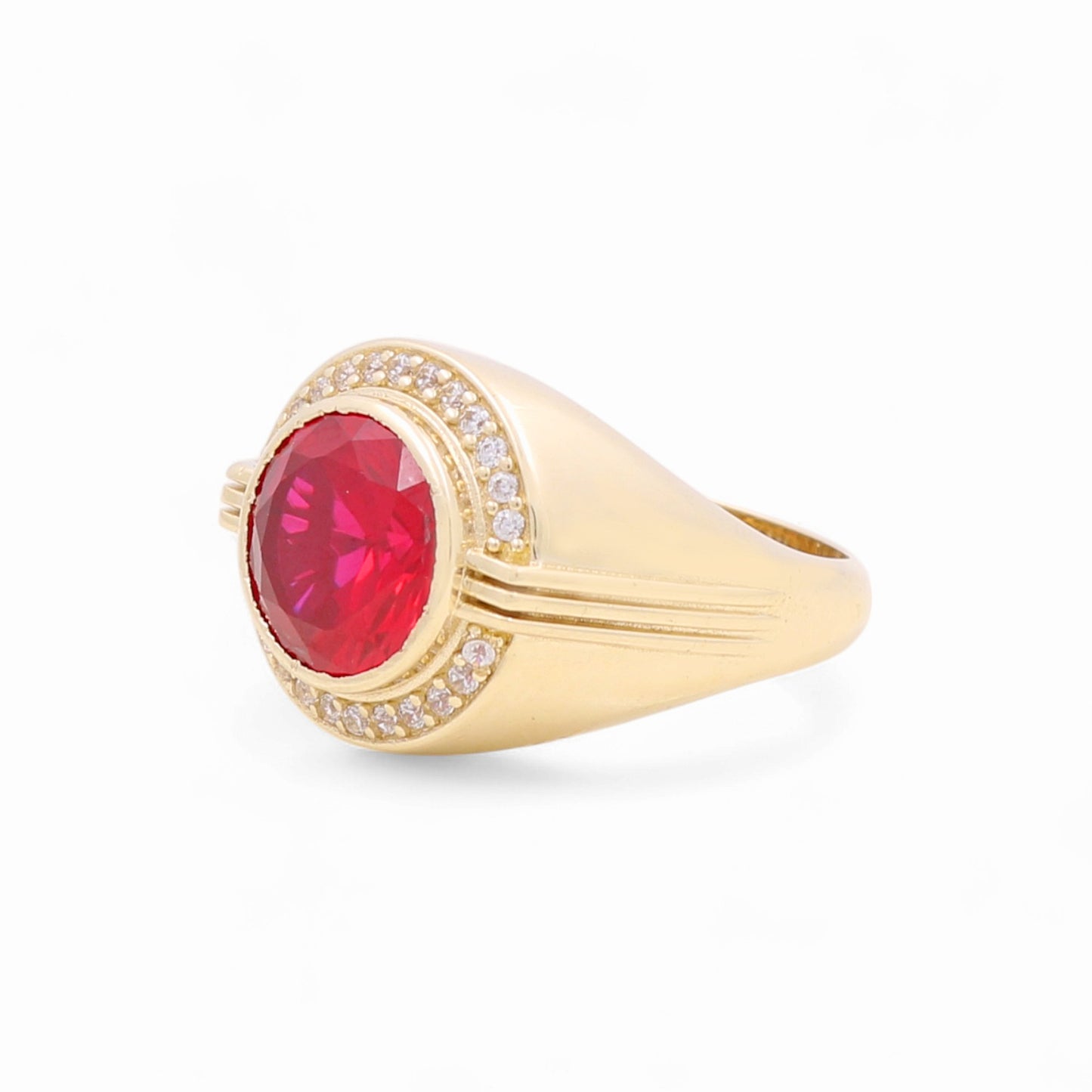 14K Yellow Gold Fashion Round Men's Ring with Red and White Cz / Size 10 / Weight: 8.1 GR / BOMR4FS-40