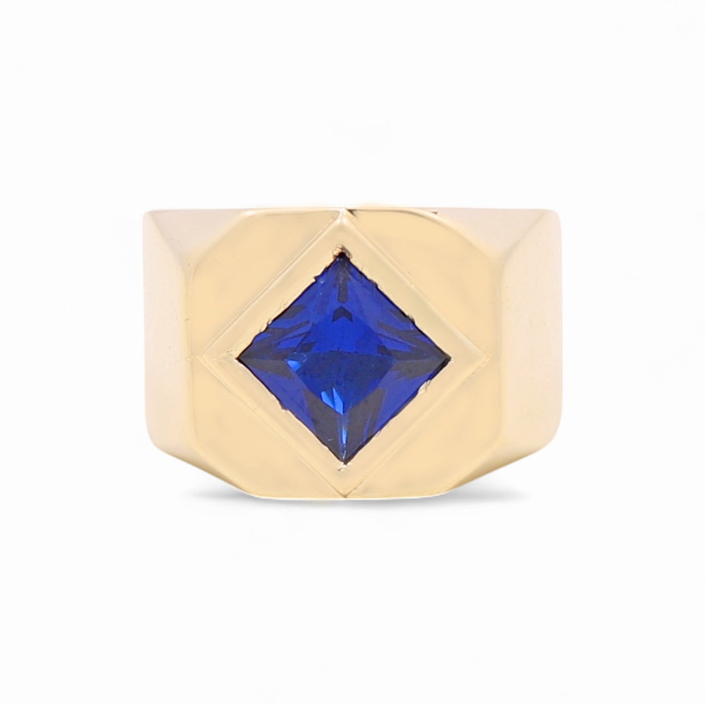 14K Yellow Gold Rhombus Men's Ring with Blue Cz / Size: 10 / Weight: 7.4 GR / BOMR4FS-43