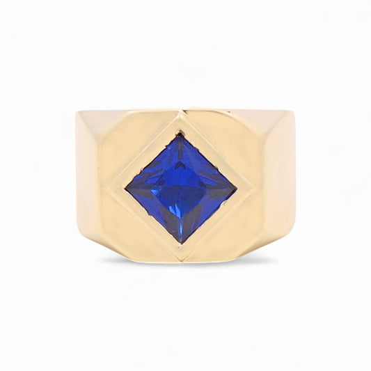 14K Yellow Gold Rhombus Men's Ring with Blue Cz / Size: 10 / Weight: 7.4 GR / BOMR4FS-43