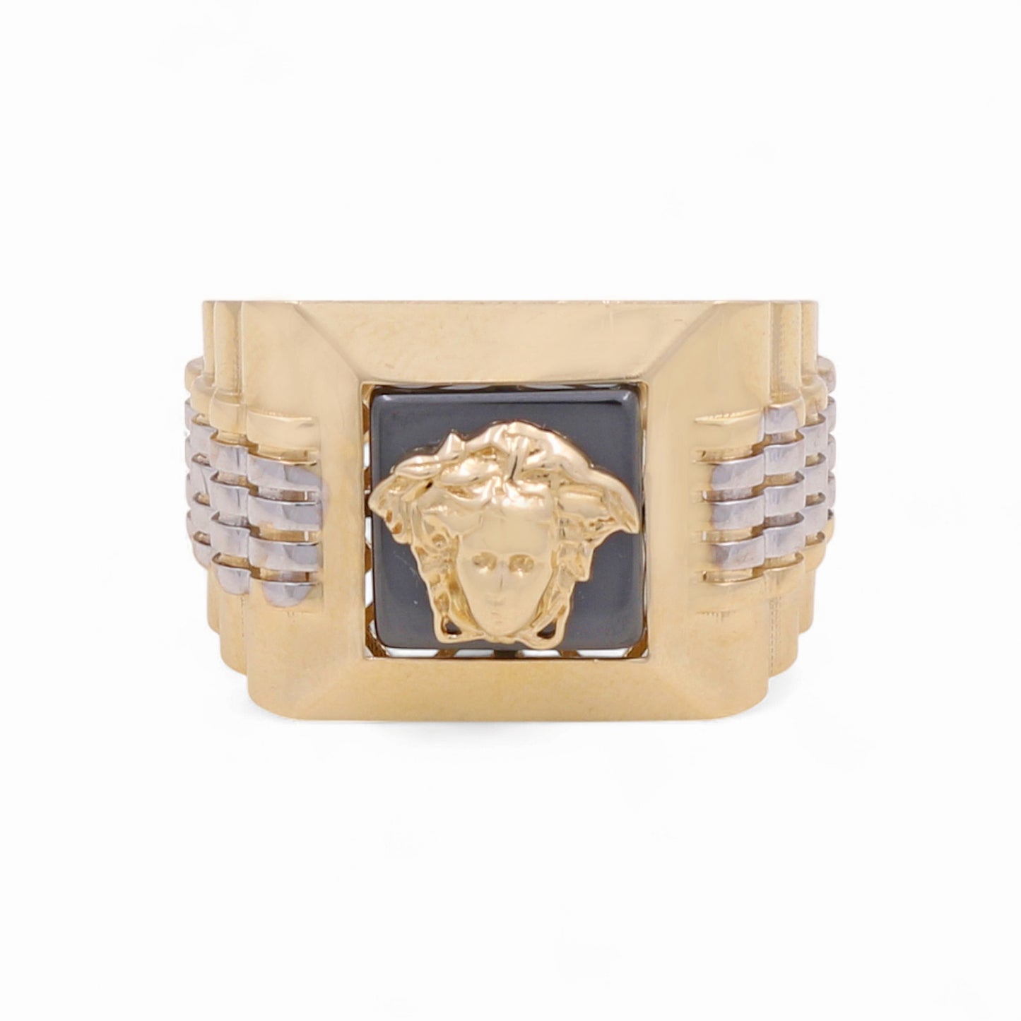 14K Yellow and White Gold SQ Fashion Medusa Men's Ring With Onyx / Size: 10 / Weight: 7.8 GR / CPMRTT4VS