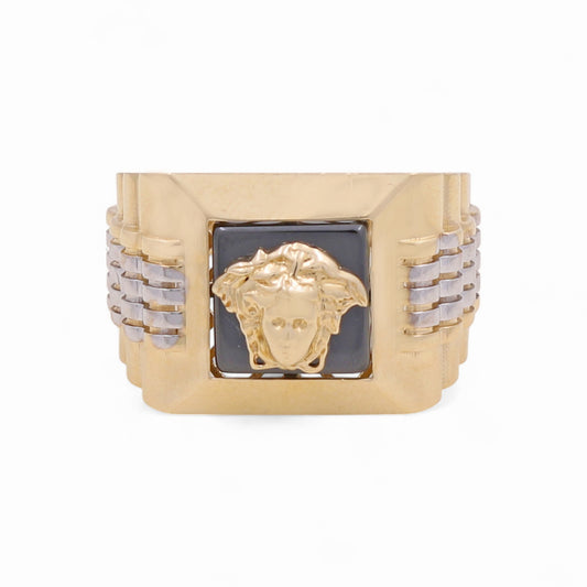 14K Yellow and White Gold SQ Fashion Medusa Men's Ring With Onyx / Size: 10 / Weight: 7.8 GR / CPMRTT4VS