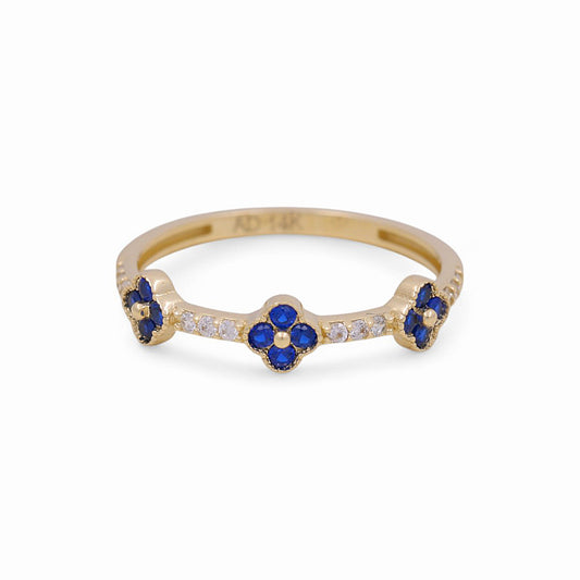14K Yellow Gold Three Flower Women's Ring with Blue Cz / Size: 7 / Weight: 1.2 GR / Y24-1259
