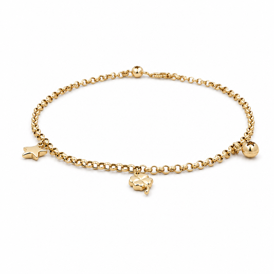 14k Yellow Gold Rolo Link Women's Anklet Bracelet with Charms and Cz / Size: 10.5" / Weight: 4 GR / CCFAB4FS-4
