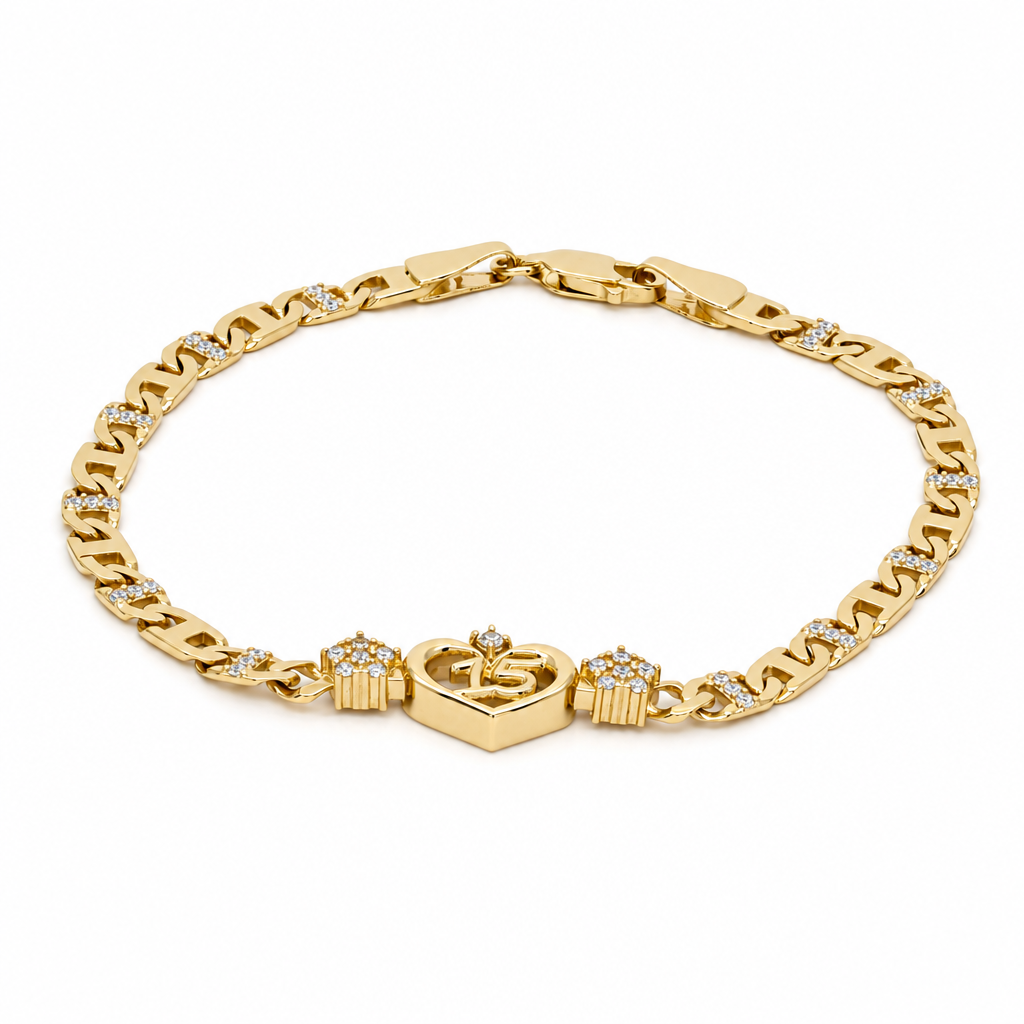 10K Yellow Gold Quinceañera Women's Bracelet with Heart and Cz / Size: 7'' / Weight: 6.1 GR / LLBWB0HR15