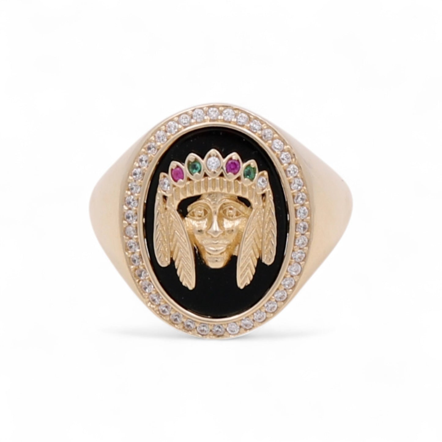 14K Yellow Gold Indian Oval Men's Ring with Onyx and Cz / Size: 11 / Weight: 8.2 GR / CQMR4IN-1