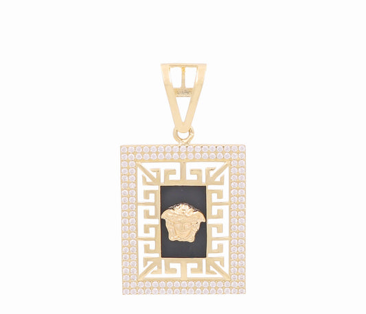 14K Yellow Gold Cuadrado Medusa's Pendant with Greek, Black Enamel and Cz / Weight: 6.2 GR / DOPD4VS-4