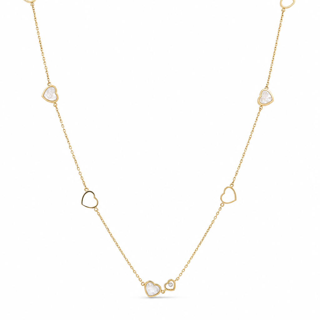 10K Yellow Gold Fashion Mother of Pearl Hearts Necklace / Cz / Size: 28” / Weight: 10.4 GR / CQNK0FSHR