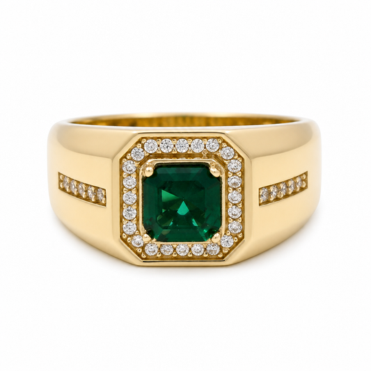 10K  Yellow Gold Men's Ring with Cz and Green Stone  / Size: 10 / Weight: 4.9 GR / 602-00214