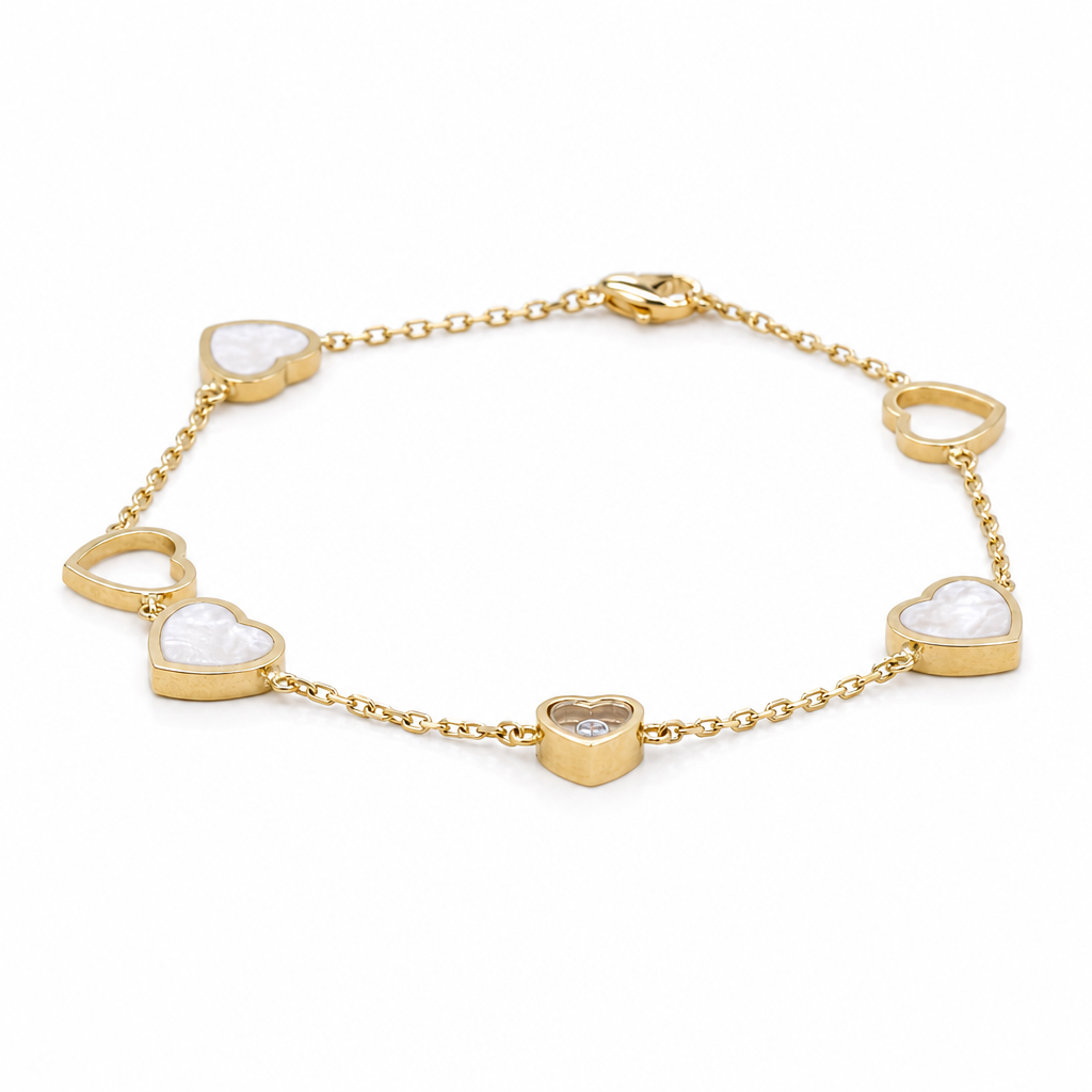 10K Yellow Gold Fashion Mother or Pearl Hearts Women's Bracelet / Cz / Size: 7” / Weight: 4.4 GR / CQWB0FSHR