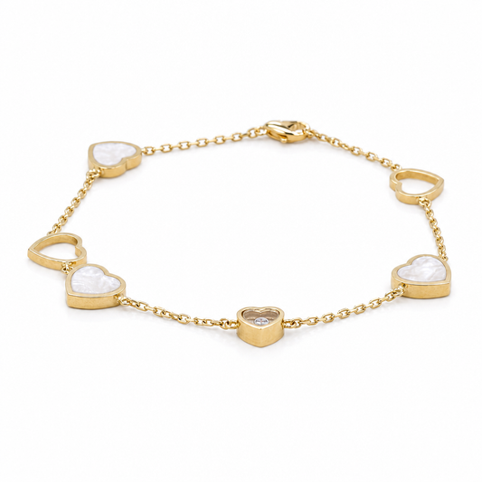 10K Yellow Gold Fashion Mother or Pearl Hearts Women's Bracelet / Cz / Size: 7” / Weight: 4.4 GR / CQWB0FSHR