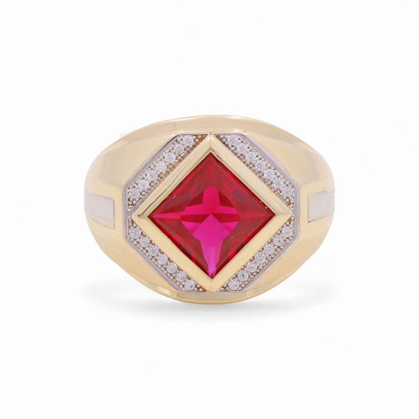 14K Yellow and White Gold Rhombus Men's Ring with Red Cz / Size: 10 / Weight: 10 GR / KEEMRTT4FS-5