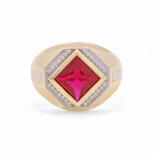 14K Yellow and White Gold Rhombus Men's Ring with Red Cz / Size: 10 / Weight: 10 GR / KEEMRTT4FS-5