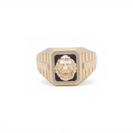 10K Yellow Gold SQ Lion Men's Ring with Onyx  / Size: 11.5 / Weight: 5.8 GR / CQMR0LN-4