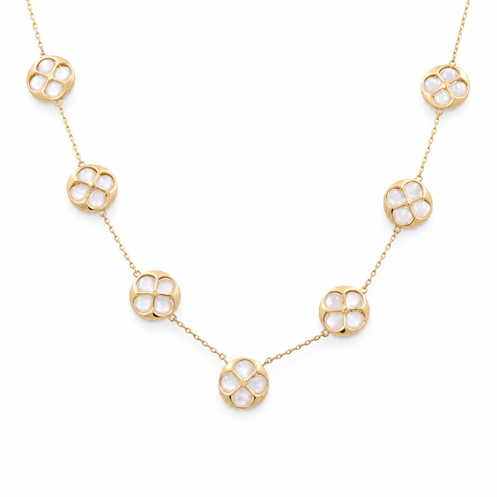 14K Yellow Gold  Women's Necklace with Seven Mother of Pearl  Flowers / Size:18” / Weight: 10.8 GR / BONK4FL