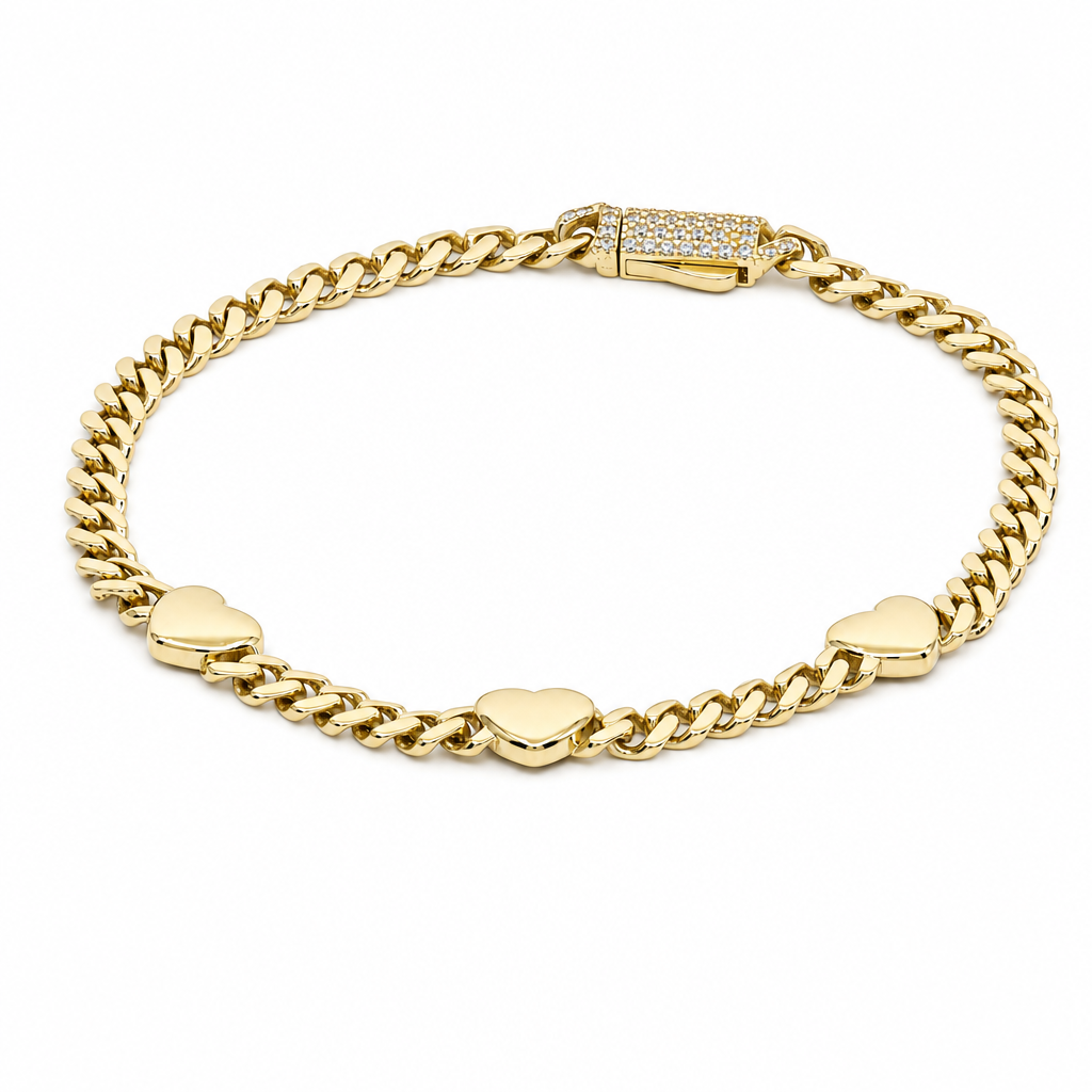 10K Yellow Gold Monaco Women's Bracelet with Heart & Cz Stone / Size: 4mm-8'' / Weight: 4.7 GR / MN-4655