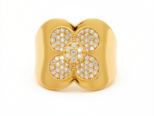 10K Yellow Gold Flower Women's Ring with White Cz / Size: 8.5 / Weight: 3.2 GR / CQWR0FL-3