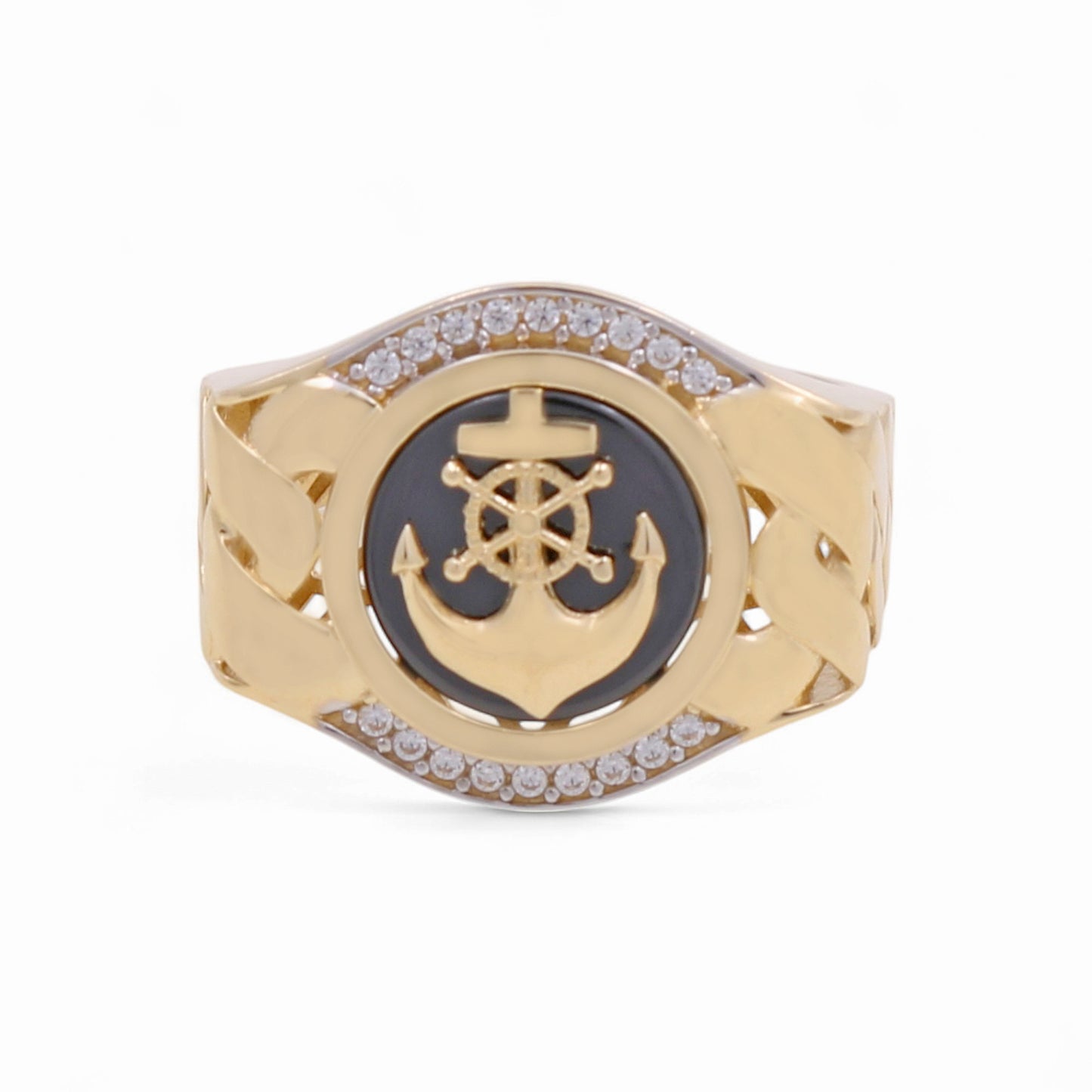 14K Yellow Gold Anchor Men’s Ring with Onyx Stone / CZ / Size 11 / Weight: 8 GR / CPMR4AN