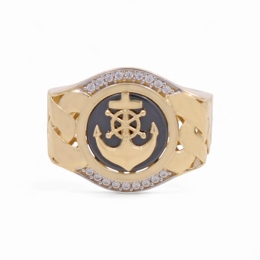 14K Yellow Gold Anchor Men’s Ring with Onyx Stone / CZ / Size 11 / Weight: 8 GR / CPMR4AN