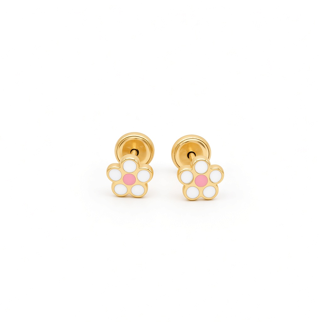 14K Yellow Gold White Flower Stud Earrings / 6-869601P