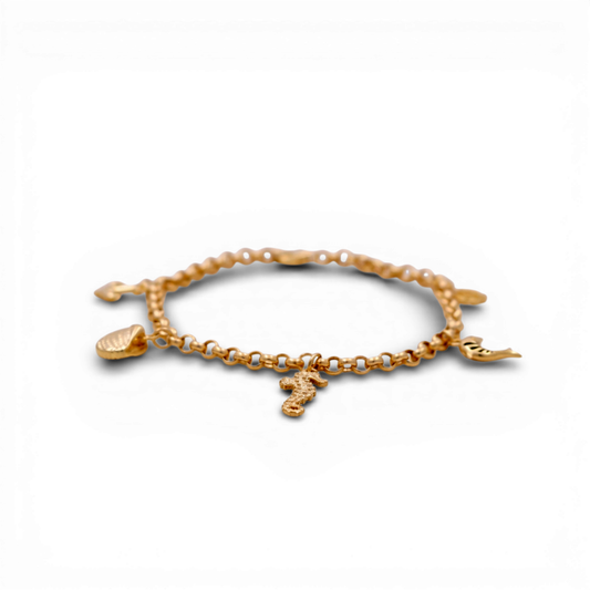 10k Yellow Gold Rolo Women's Bracelet with Hanging Marine Charms / Size: 7.5" / Weight: 4.1 GR / DQWB0FS-6