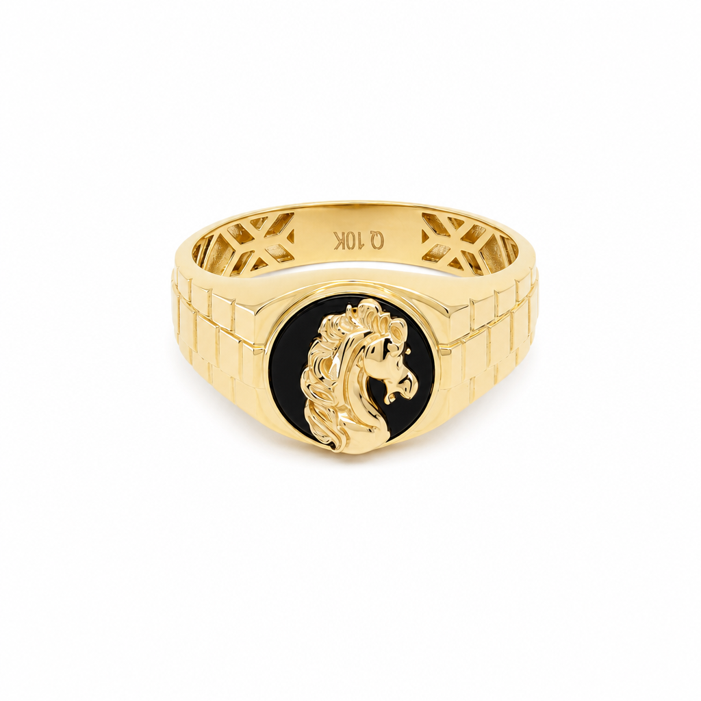 10K Yellow Gold Horse Men's Ring with Onyx Stone / Size: 10.5 / Weight: 4.2 GR / CQMR0HRS