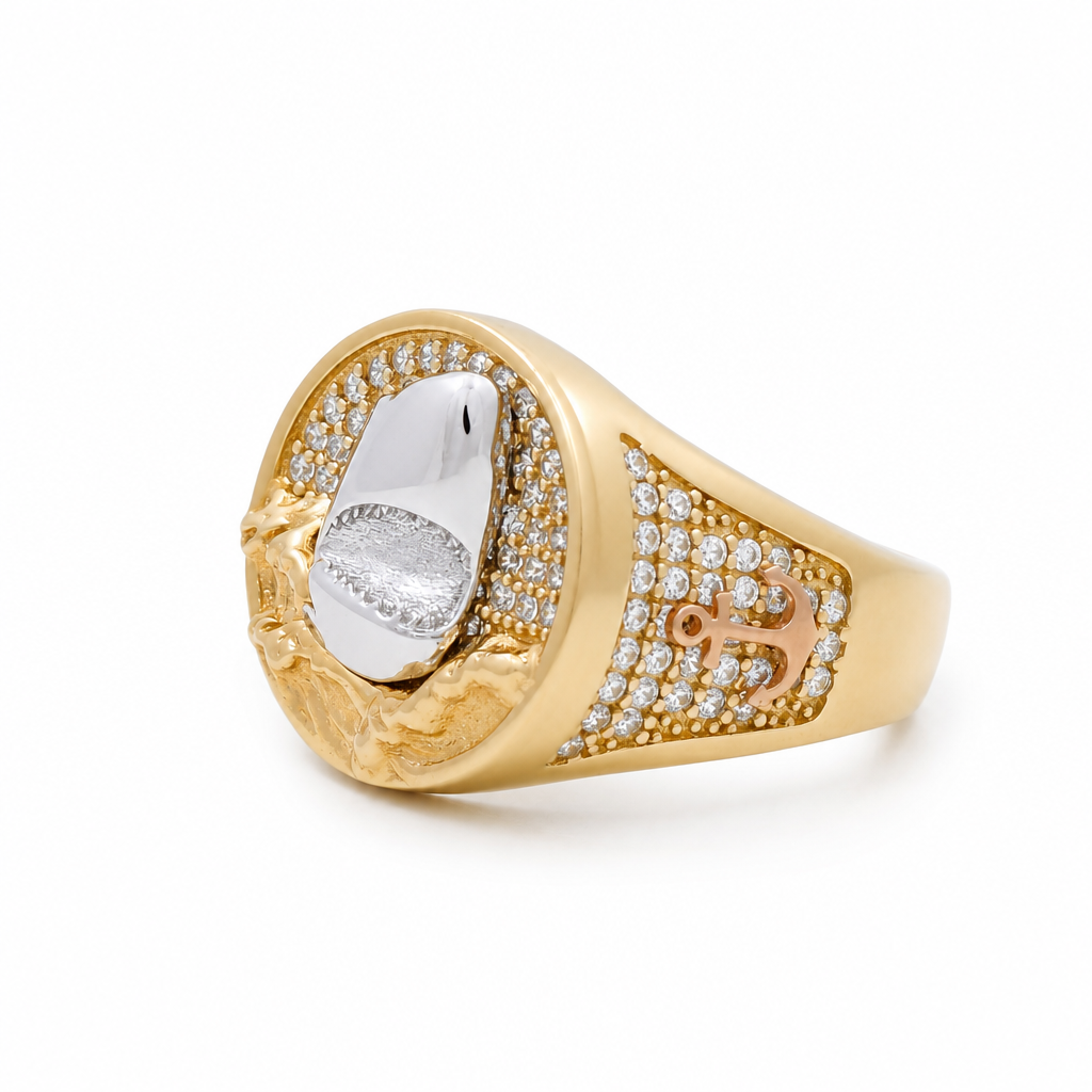 14K Yellow and White Gold RD Shark Men's Ring with Cz / Size: 9.5 / Weight: 7.4 GR / COMRTT4SHR