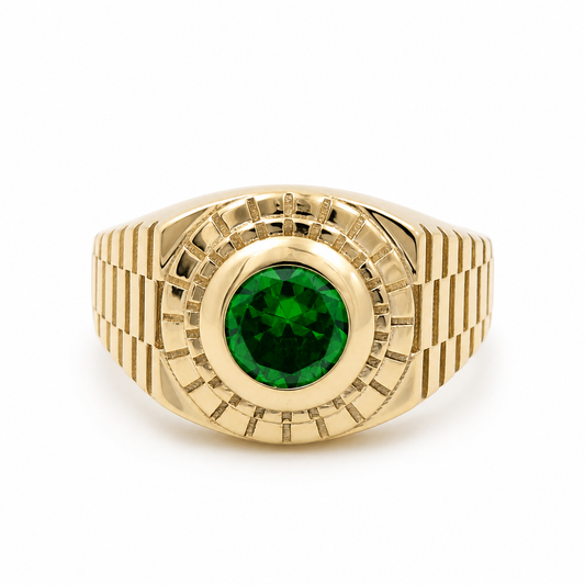 10K Yellow Gold Fashion Men's Ring with Green Stone / Size:10 / Weight: 4.5 GR / DQMR0FS-12