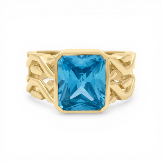 10K Yellow Gold Fashion Men's Ring with Light Blue Stone / Size: 9.5 / Weight: 9.2 GR / CLBMR0FS