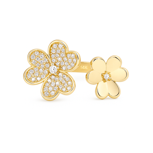 14K Yellow Gold Two Flowers Women's Ring with White Cz / Size: 9 / Weight: 3.3 GR / DQWR4FL-7