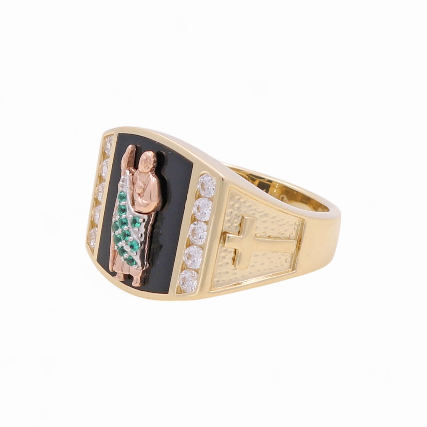 14K Yellow and Rose Gold San Judas Men's Ring with Onyx and CZ / Size: 10 / Weight: 7.5 GR / KEEMR4TTSJ-1
