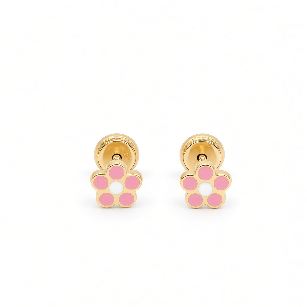 14K Yellow Gold Pink Flower Stud Earrings / 6-869601P