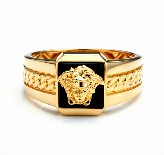 10K Yellow Gold SQ Medusa Men's Ring with Onyx / Size: 10.5 / Weight: 3.5 GR / CQMR0VS-1