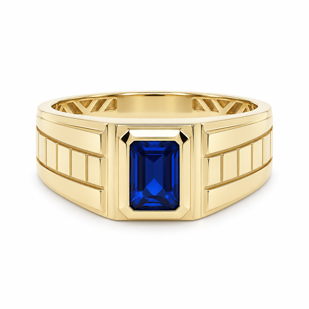 14K Yellow Gold SQ Fashion Men's Ring with Blue Cz / Size: 10 / Weight: 4.3 GR / DQMR4FS-14
