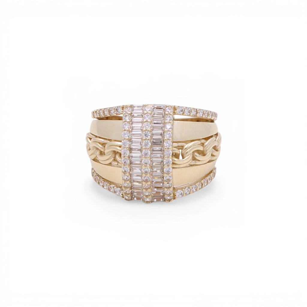 10K Yellow Gold Fashion Baguette Ring with White Stones and Chinese Design / Size: 7.5 / Weight: 4.7 GR / CQWR0FS-13