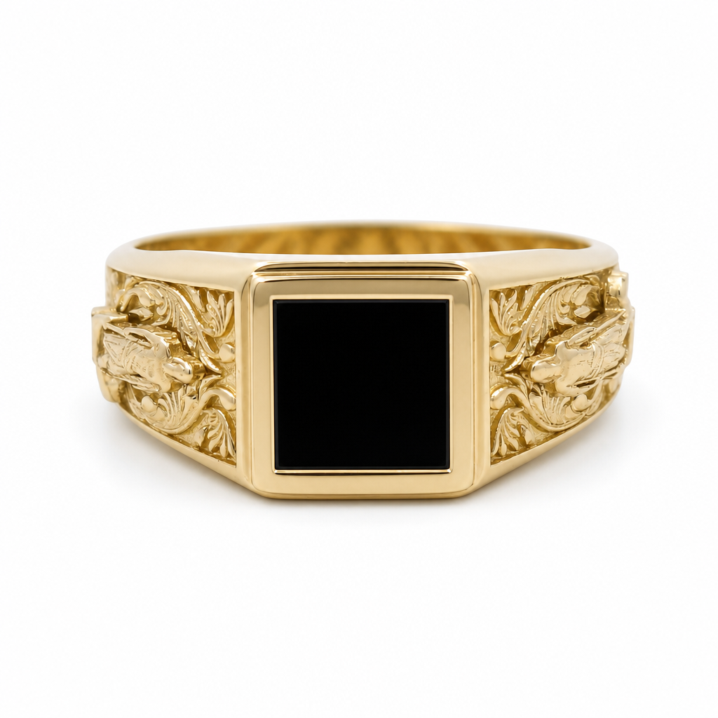 10K Yellow Gold SQ  Men's Ring with Onyx and San Lazaro / Size: 12 / Weight: 6.1 GR / CQMR0SL