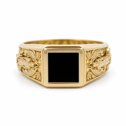 10K Yellow Gold SQ  Men's Ring with Onyx and San Lazaro / Size: 12 / Weight: 6.1 GR / CQMR0SL