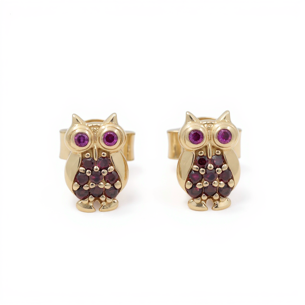 10K Yellow Gold Small Owl Stud Earrings with Cz / Weight: 1GR / CQES0BO