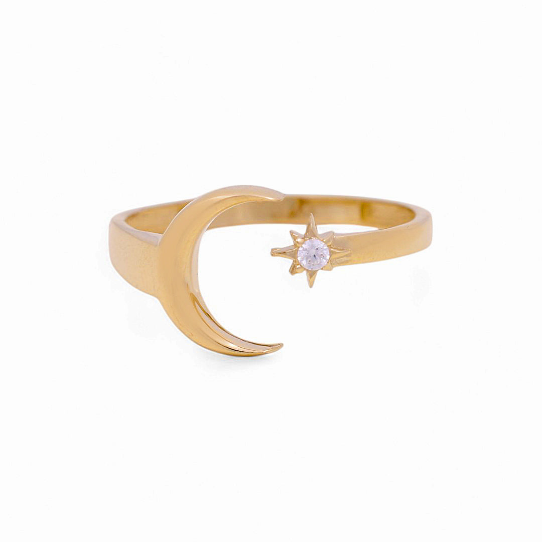 14K Yellow Gold Moon and Star Women's Ring with White Cz / Size: 8 / Weight: 1.6 GR / P02CR-2801