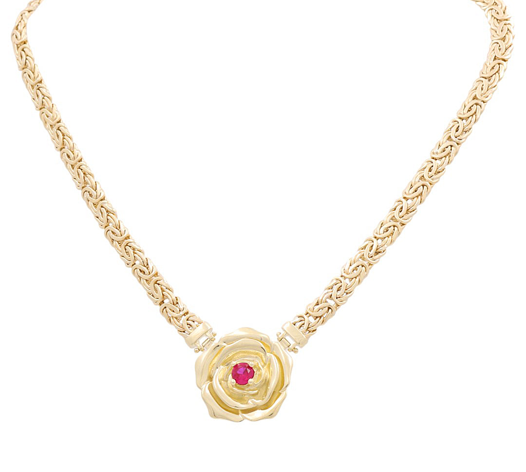10K Yellow Gold Byzantine Women's Necklace with Rose and Cz / Size: 17" / Weight: 23.4 GR / DPNK0FL